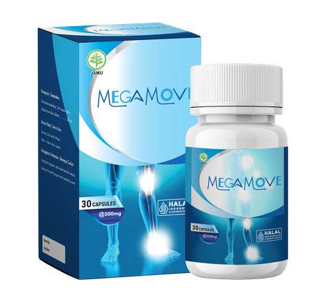 Kemasan produk suplemen Megamove dengan desain fungsional